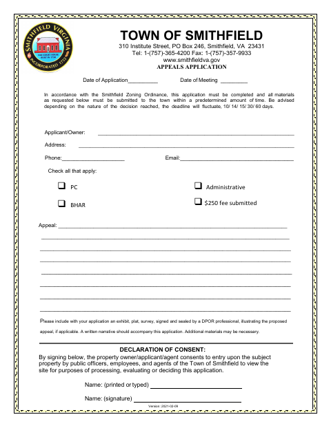 First page of the Appeals Application