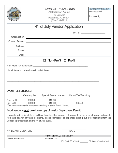 First page of the 4th of July Vendor Application