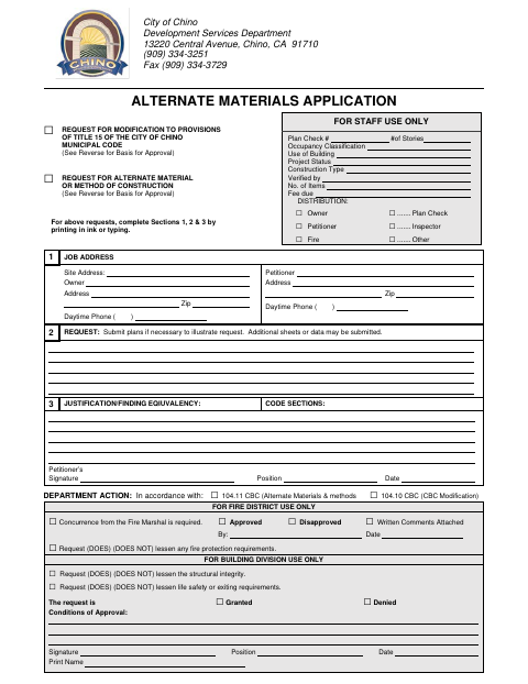 First page of the Alternate Materials Application