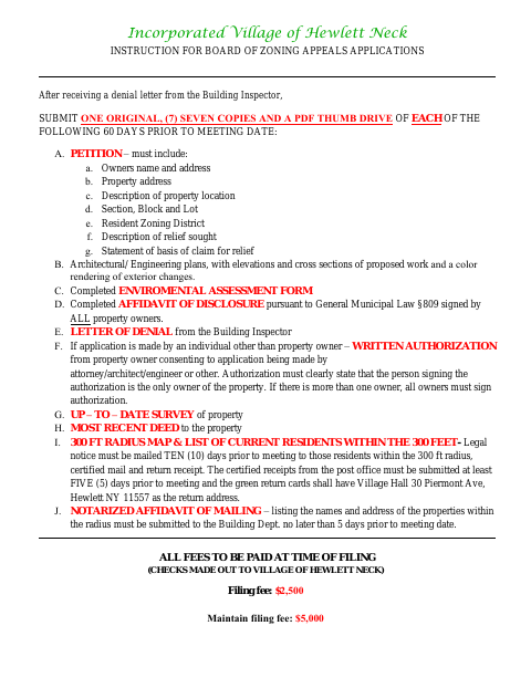 First page of the Board of Zoning Appeals Application