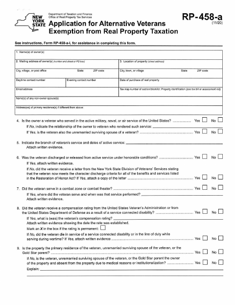 First page of the Application for Alternative Veterans Exemption from Real Property Taxation