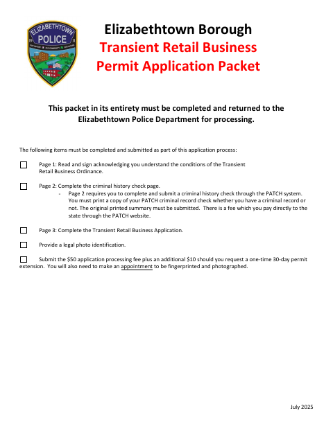 First page of the Transient Retail Business Permit Application Packet