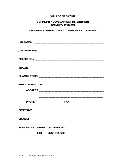 First page of the Change of Contractor Form