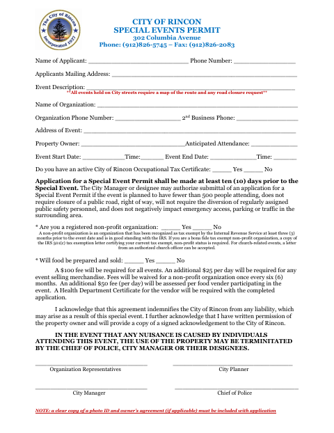 First page of the Special Events Permit