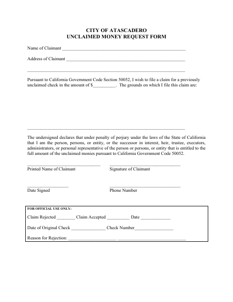 First page of the Unclaimed Money Request Form
