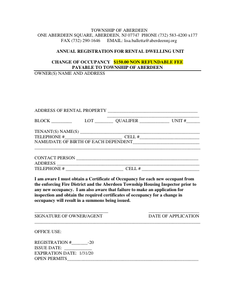 First page of the Annual Registration for Rental Dwelling Unit Change of Occupancy