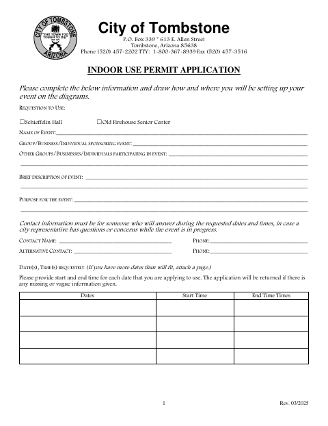 First page of the Indoor Use Permit Application