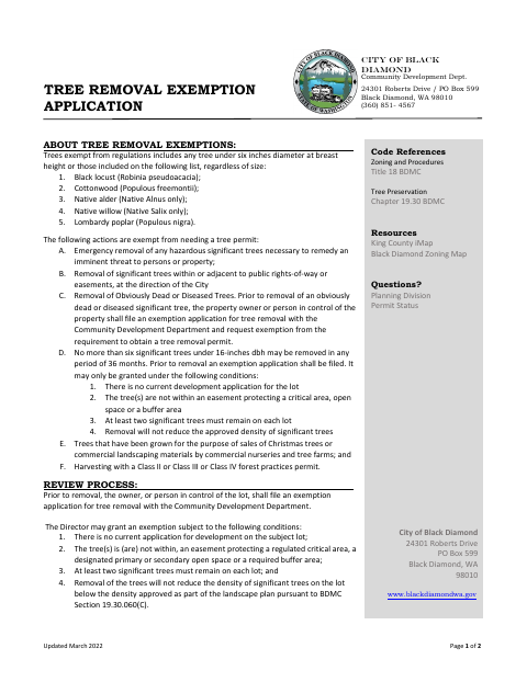 First page of the Tree Removal Exemption Application Form