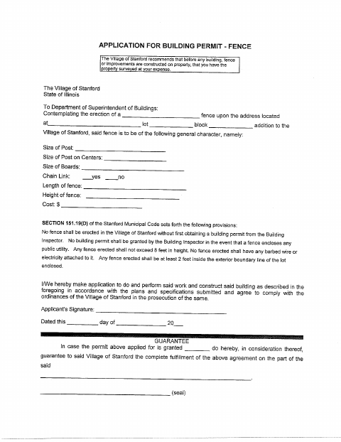 First page of the Fence Building Permit Application