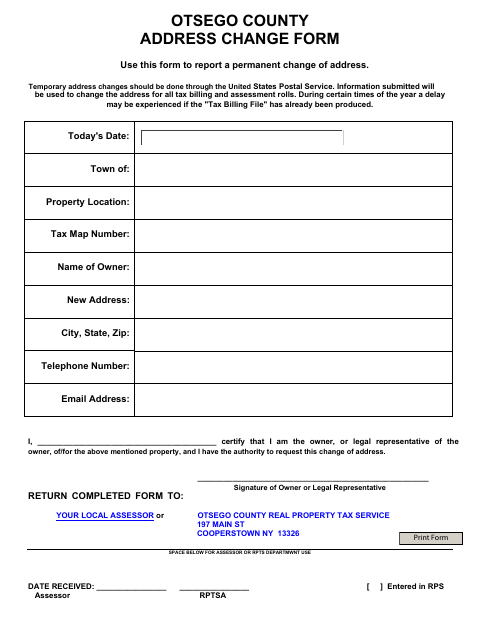 First page of the Otsego County Address Change Form