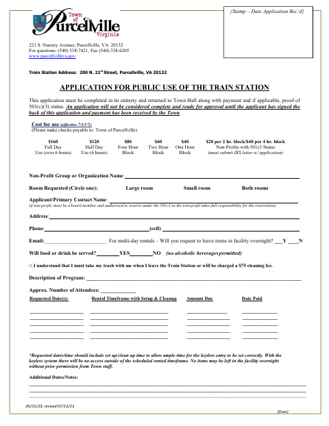 First page of the Application for Public Use of the Train Station