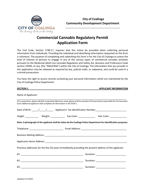 First page of the Commercial Cannabis Regulatory Permit Application Form