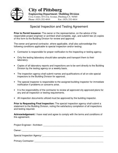 First page of the Special Inspection and Testing Agreement