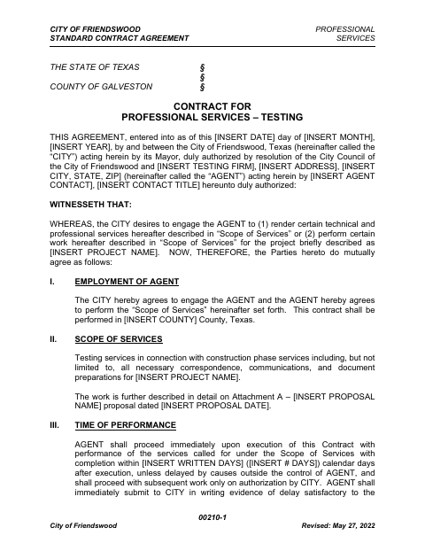First page of the Standard Agreement for Professional Services – Testing