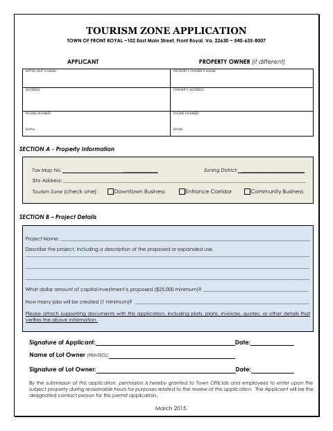 First page of the Tourism Zone Application