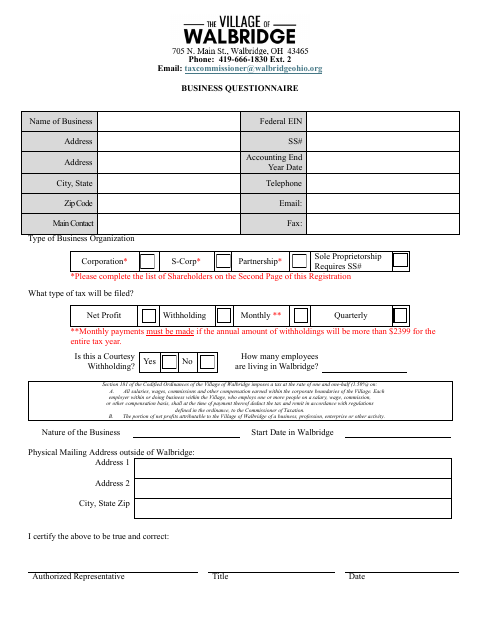 First page of the Business Questionnaire