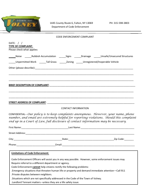 First page of the Code Enforcement Complaint