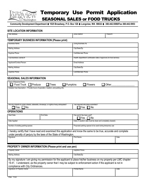 First page of the Temporary Use Permit Application for Seasonal Sales or Food Trucks