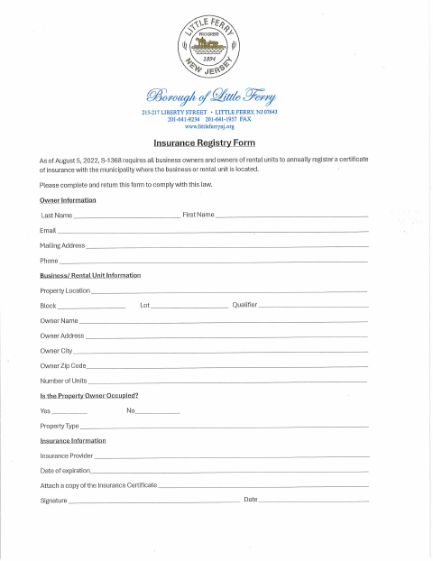 First page of the Insurance Registry Form