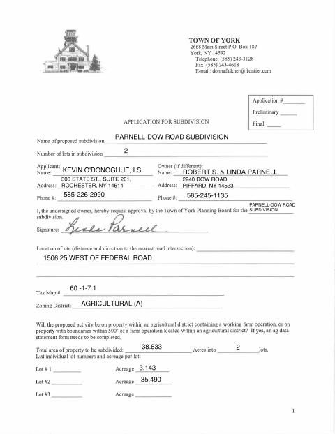First page of the Application for Subdivision