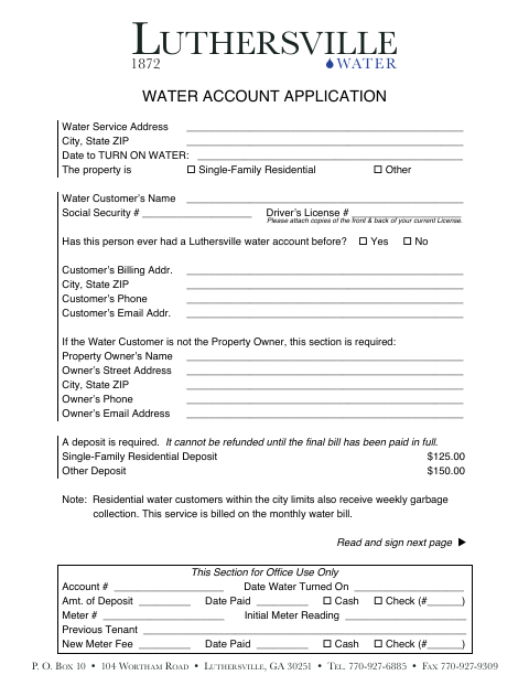 First page of the Water Account Application