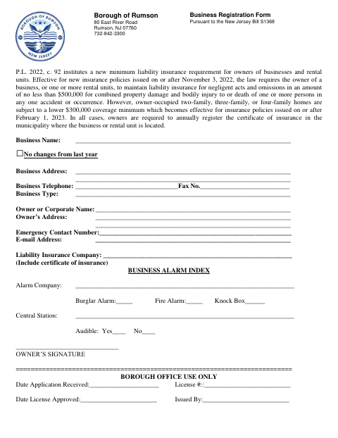 First page of the Business Registration Form