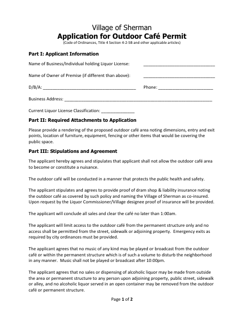 First page of the Application for Outdoor Café Permit