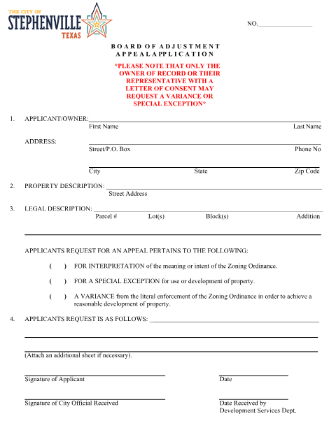 First page of the Board of Adjustment Appeal Application