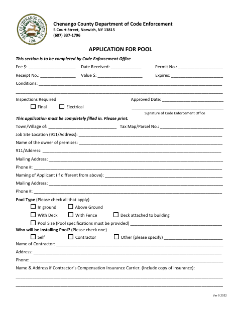 First page of the Application for Pool