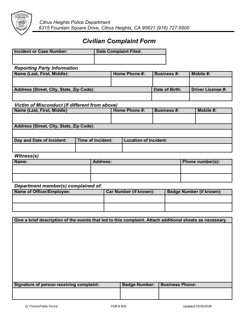First page of the Civilian Complaint Form