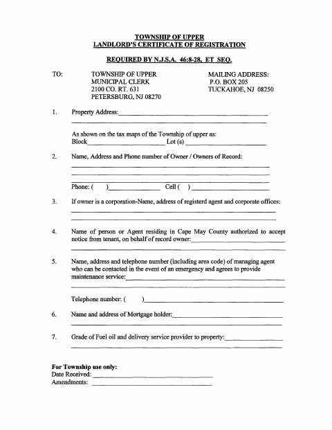 First page of the Landlord's Certificate of Registration