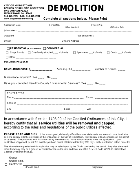 First page of the Demolition Permit Application