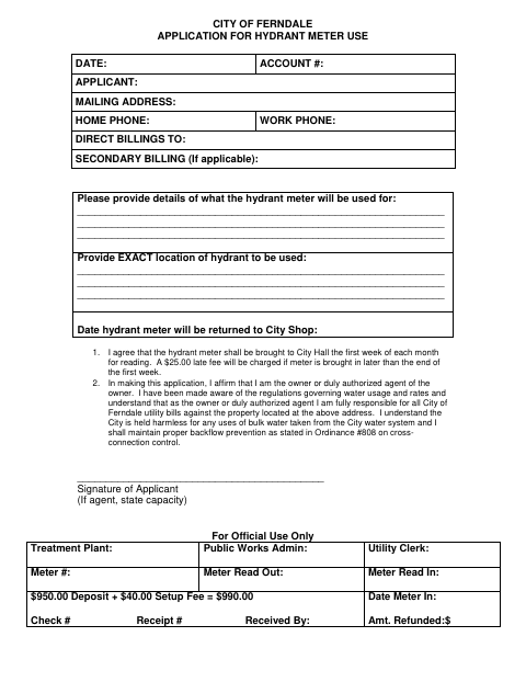 First page of the Application for Hydrant Meter Use