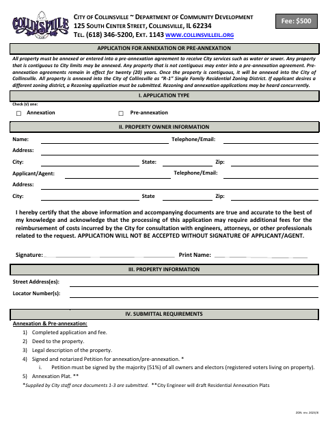 First page of the Application for Annexation or Pre-Annexation