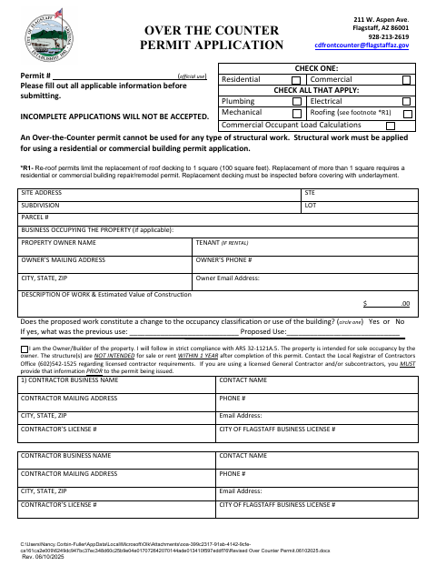 First page of the Over the Counter Permit Application