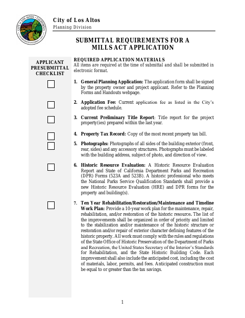 First page of the Submittal Requirements for a Mills Act Application