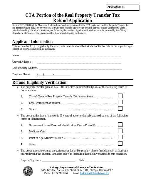 First page of the Real Property Transfer Tax Refund Application for Seniors 65 and Older