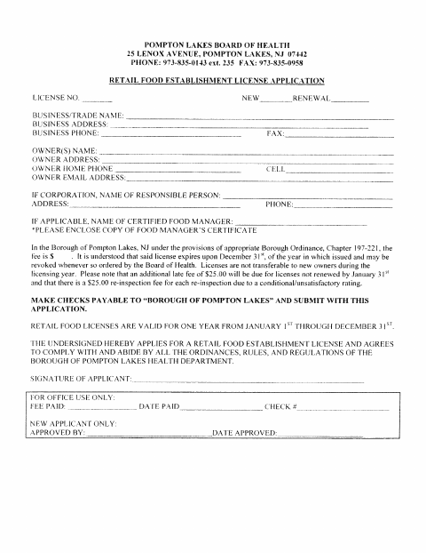 First page of the Retail Food Establishment License Application