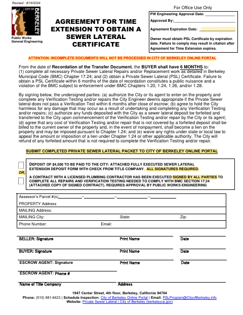 First page of the Agreement for Time Extension to Obtain a Sewer Lateral Certificate