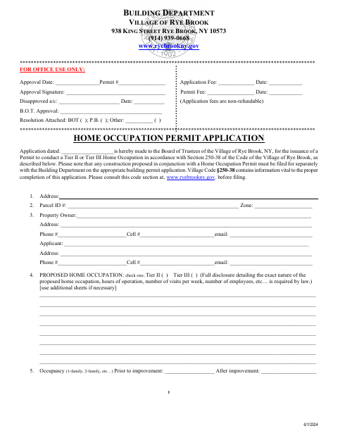 First page of the Home Occupation Permit Application