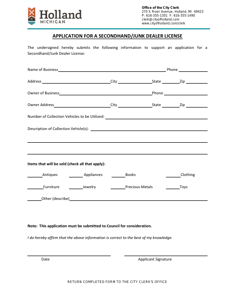 First page of the Second Hand Dealer License Application