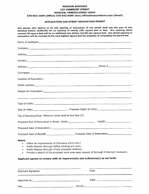 First page of the Street Excavation Permit Application