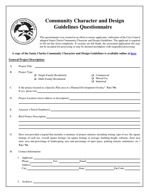 First page of the Community Character and Design Guidelines Questionnaire
