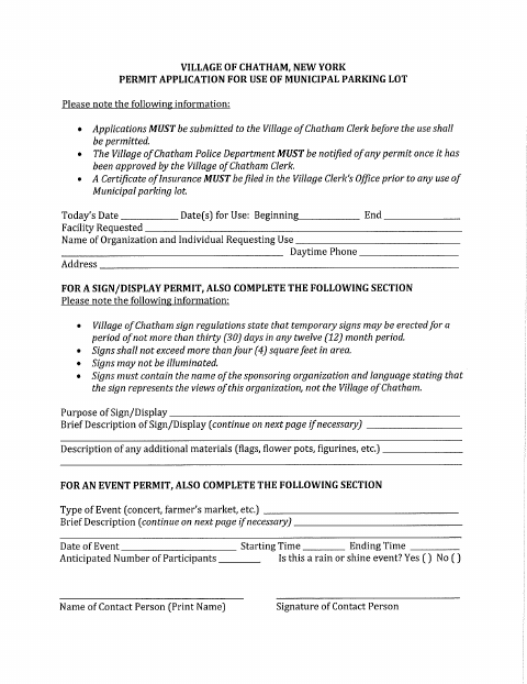 First page of the Municipal Use of Parking Lot Permit