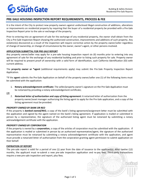 First page of the Pre-Sale Housing Inspection Application
