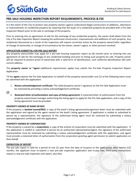 First page of the Pre-Sale Housing Inspection Application