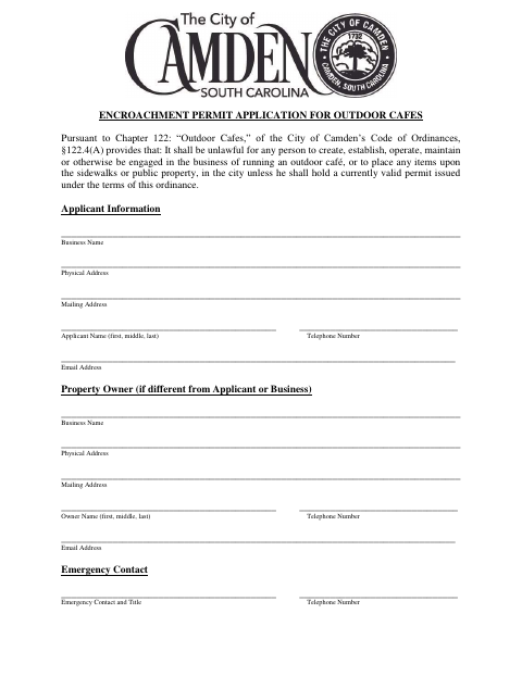 First page of the Outdoor Cafe Encroachment Permit Application