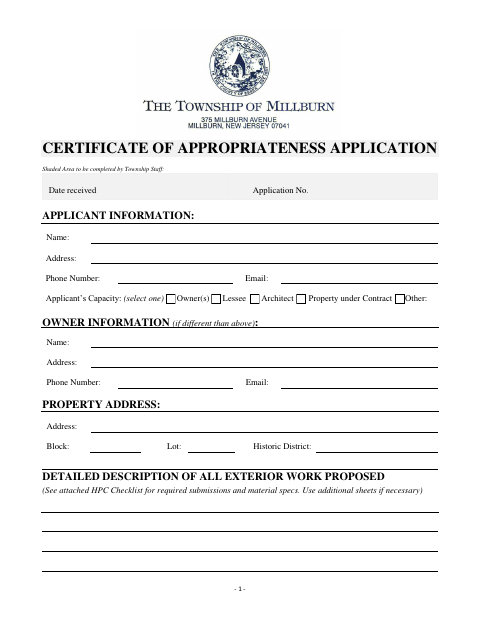 First page of the Certificate of Appropriateness Application