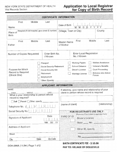 First page of the Application to Local Registrar for Copy of Birth Record