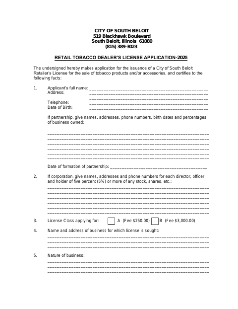 First page of the Retail Tobacco Dealer’s License Application